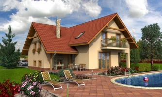 Charming house with outdoor fireplace and a garage.